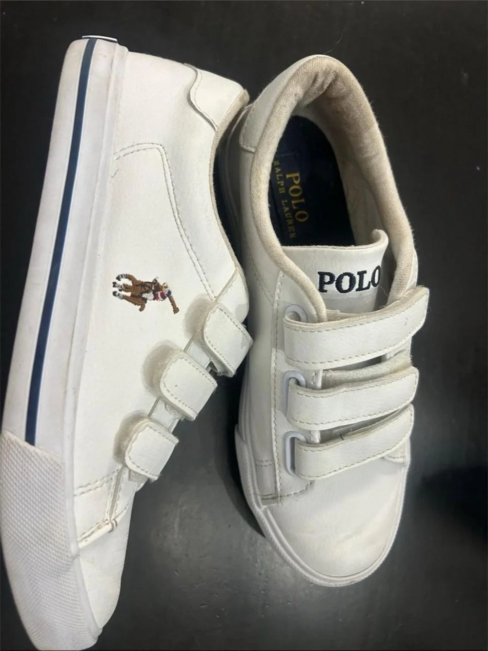 Polo by Ralph Lauren White Kids Velcro Sneakers with Colored Polo Logo Sz 3